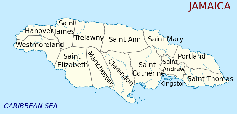 Map Of Jamaica With Fourteen Parishes