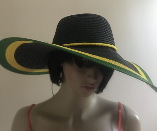 Jamaican Flag Colors Yellow and Green Border Wide Rim Floppy Sun Hat