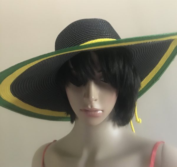 Jamaican Flag Colors Yellow and Green Border Wide Rim Floppy Sun Hat