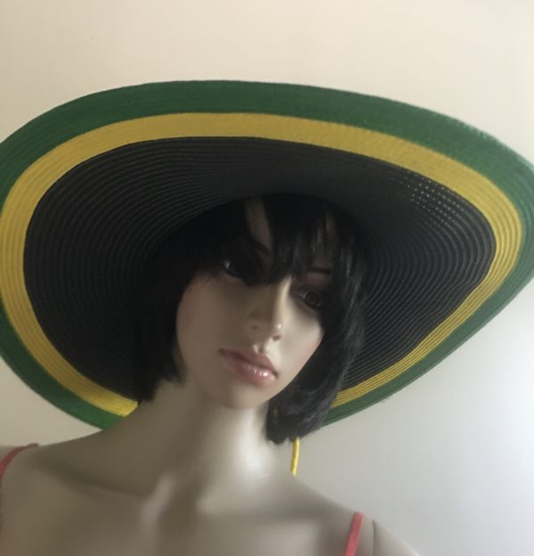 Jamaican Flag Colors Yellow and Green Border Wide Rim Floppy Sun Hat