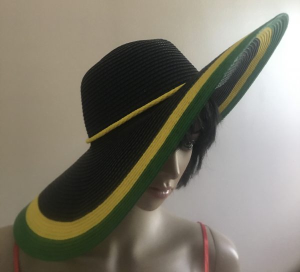 Jamaican Flag Colors Yellow and Green Border Wide Rim Floppy Sun Hat