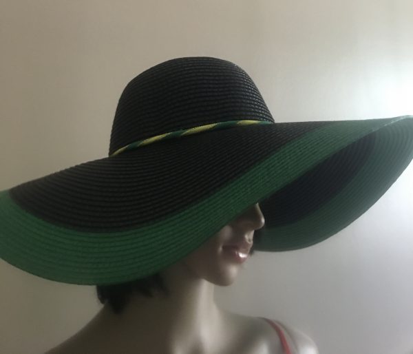 Jamaican Flag Colors Green Border Wide Rim Floppy Sun Hat