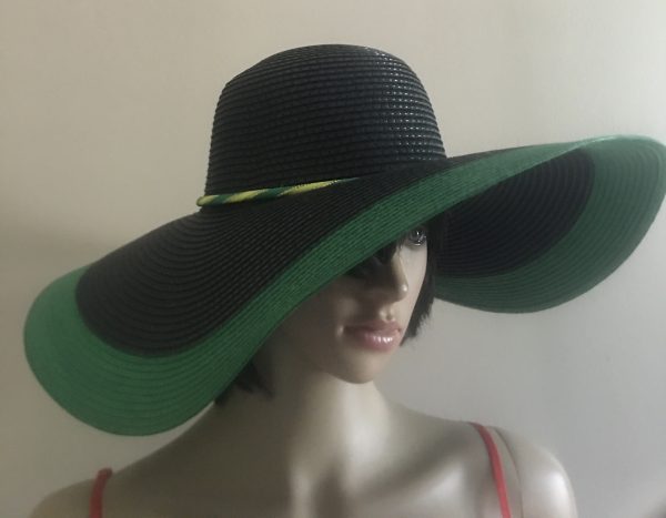 Jamaican Flag Colors Green Border Wide Rim Floppy Sun Hat