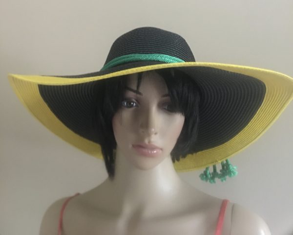 Jamaican Flag Colors Yellow Border Flowers Trim Wide Rim Floppy Sun Hat