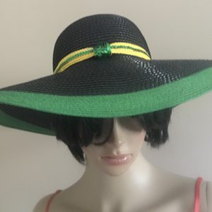 Jamaican Flag Colors Green Border Sequins Trim Wide Rim Floppy Sun Hat