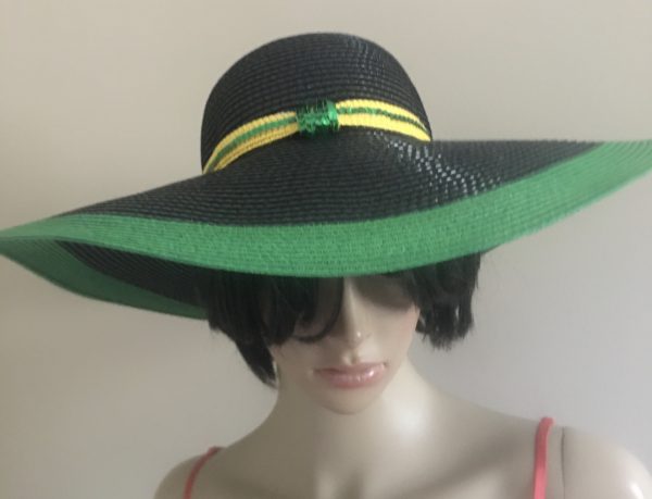 Jamaican Flag Colors Green Border Sequins Trim Wide Rim Floppy Sun Hat