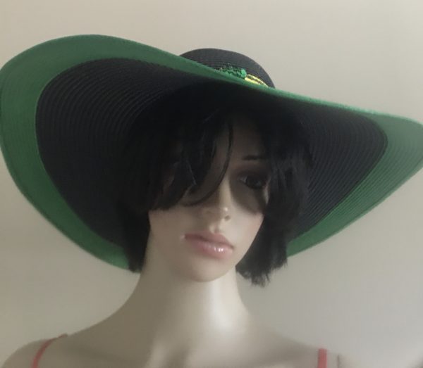 Jamaican Flag Colors Green Border Sequins Trim Wide Rim Floppy Sun Hat