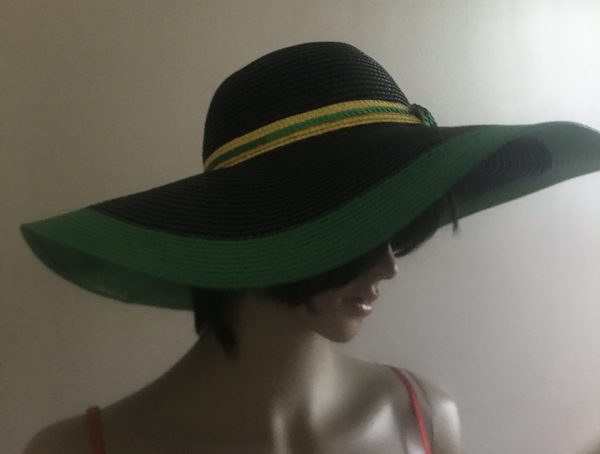 Jamaican Flag Colors Green Border Sequins Trim Wide Rim Floppy Sun Hat