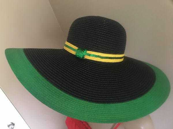 Jamaican Flag Colors Green Border Sequins Trim Wide Rim Floppy Sun Hat