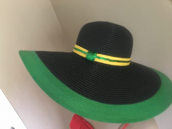 Jamaican Flag Colors Green Border Sequins Trim Wide Rim Floppy Sun Hat