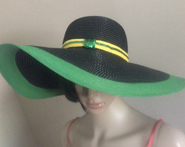 Jamaican Flag Colors Green Border Sequins Trim Wide Rim Floppy Sun Hat