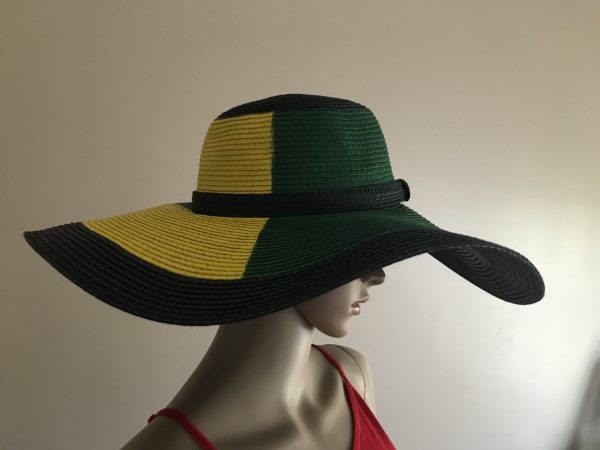 Hand Painted Jamaican Flag Colors Black-Green-Yellow Wide Brim Hat